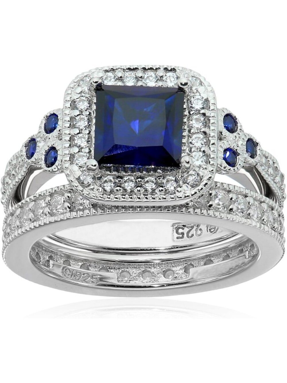 Antique Sterling Silver Ring Set with Asscher-Cut Cubic Zirconia - Gold/Silver
